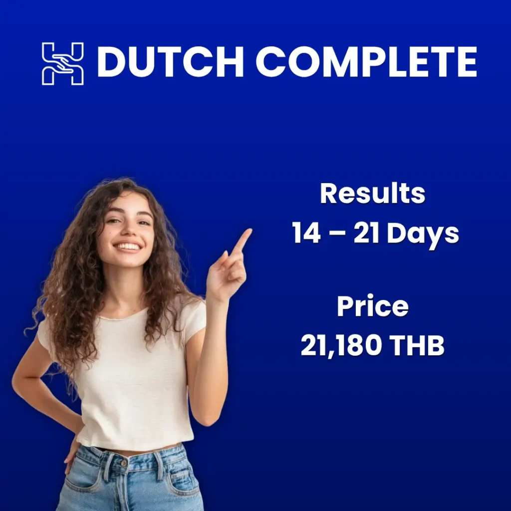 Woman pointing at Dutch Complete course pricing 21180 THB results in 14-21 days