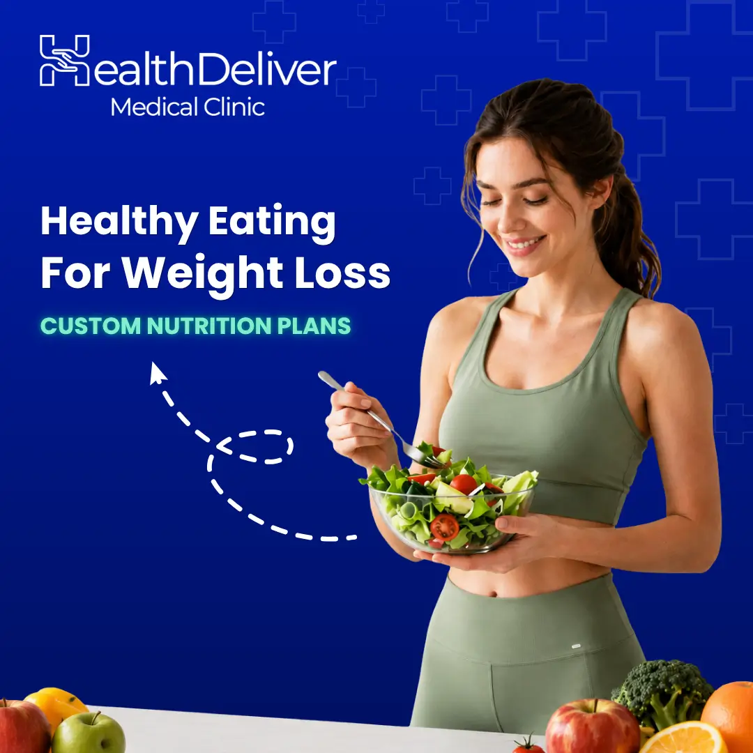 Woman eating healthy salad for weight loss nutrition plan