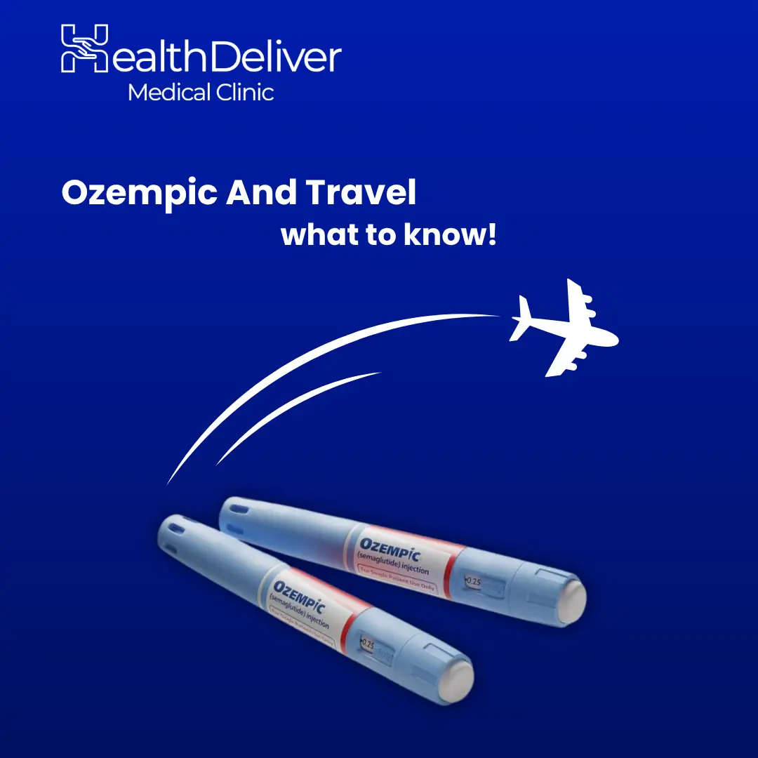Ozempic pens with airplane graphic representing travel considerations