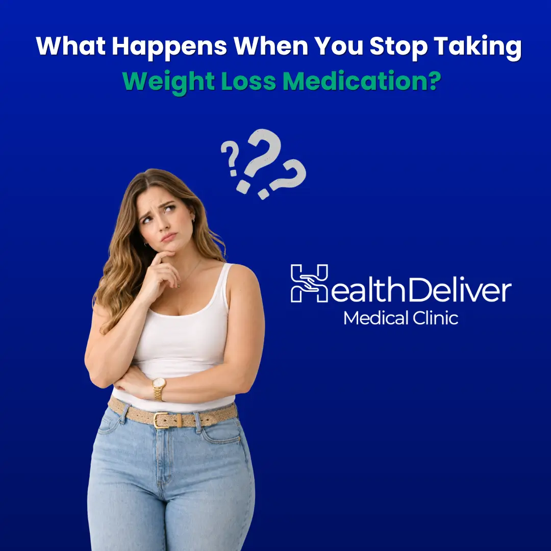 Woman thinking about stopping weight loss medication with question marks