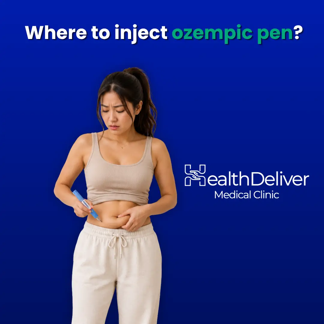 Woman demonstrating Ozempic pen injection into abdomen area