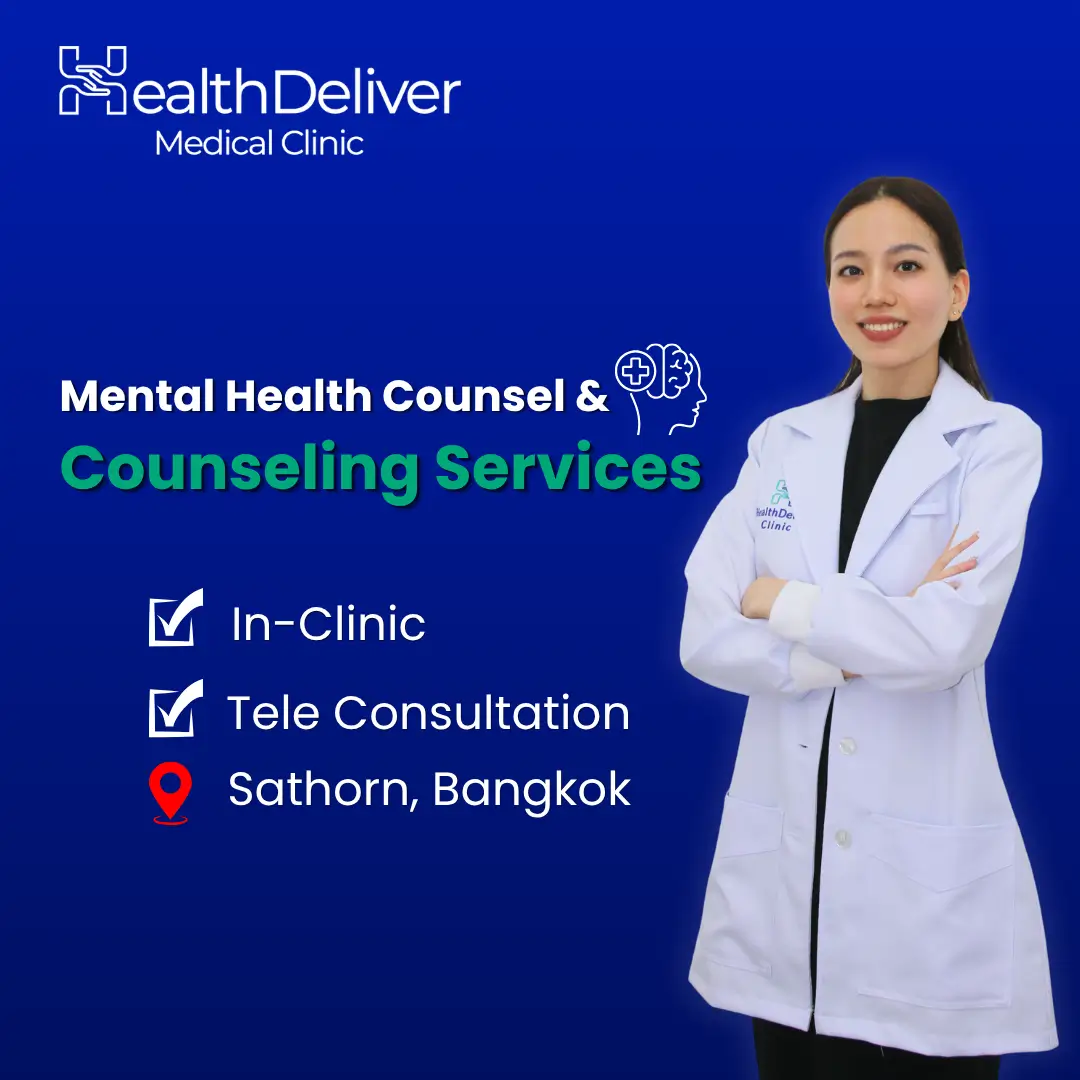 Female mental health counselor in white coat offering in-clinic and tele consultation services Bangkok