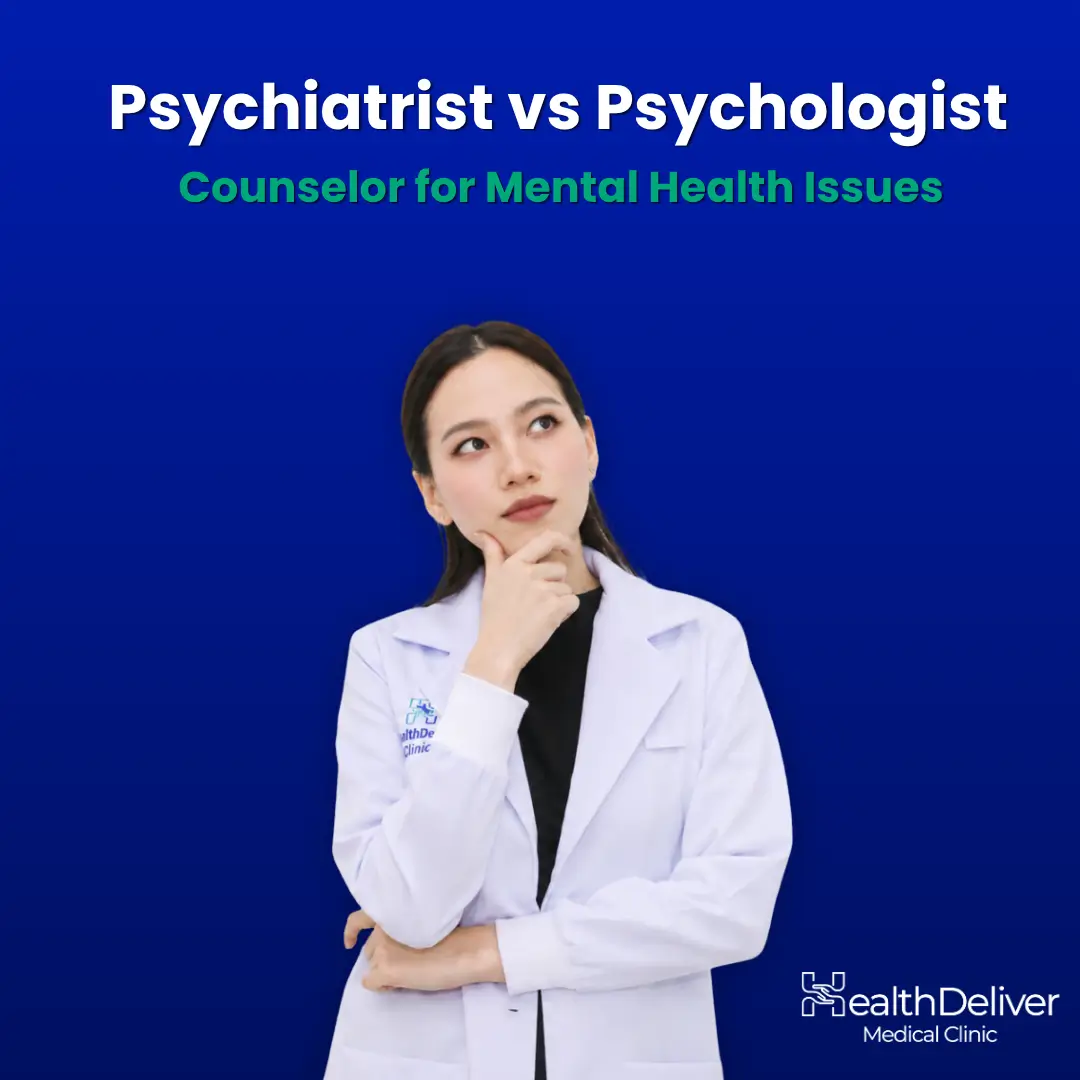 Female healthcare professional in white coat considering psychiatrist versus psychologist roles