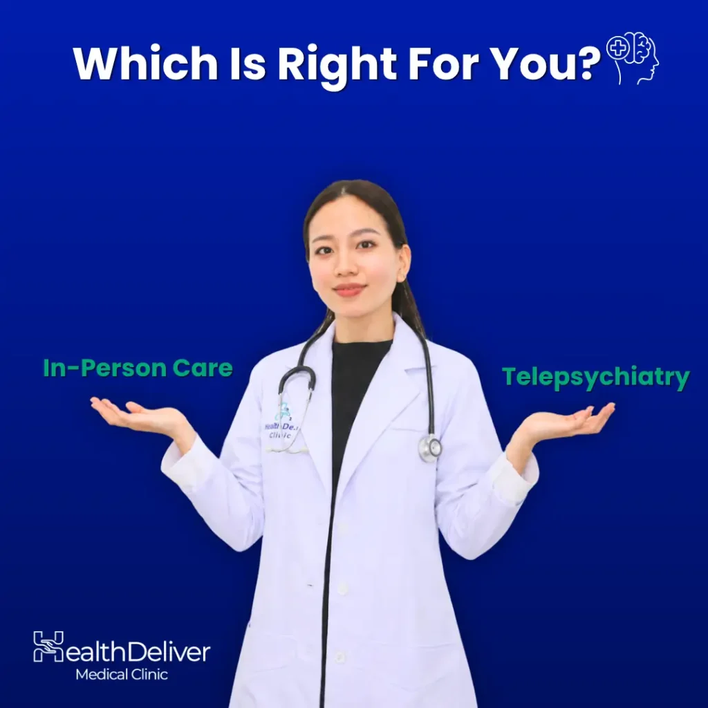 Female doctor presenting in-person care versus telepsychiatry options