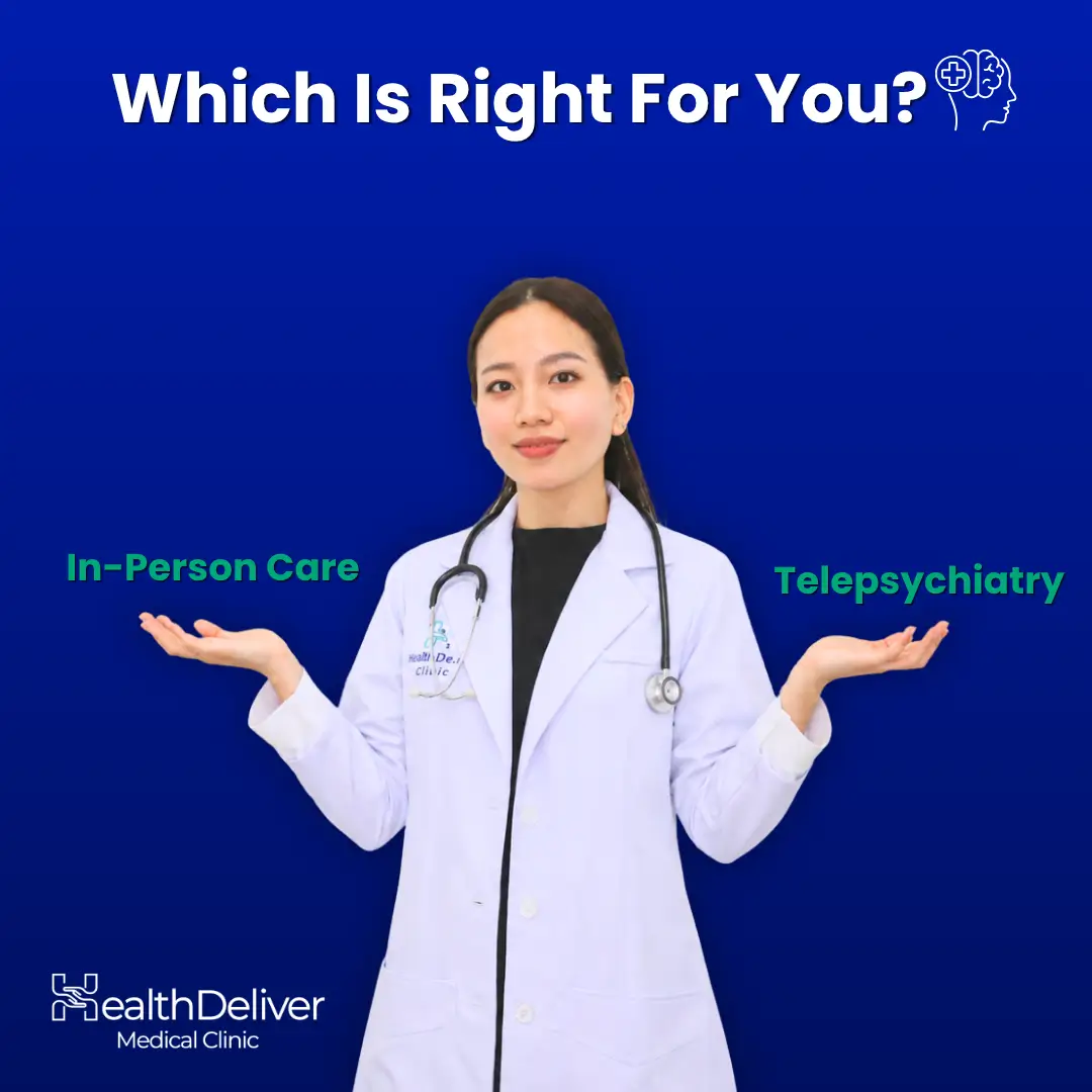 Female doctor presenting in-person care versus telepsychiatry options