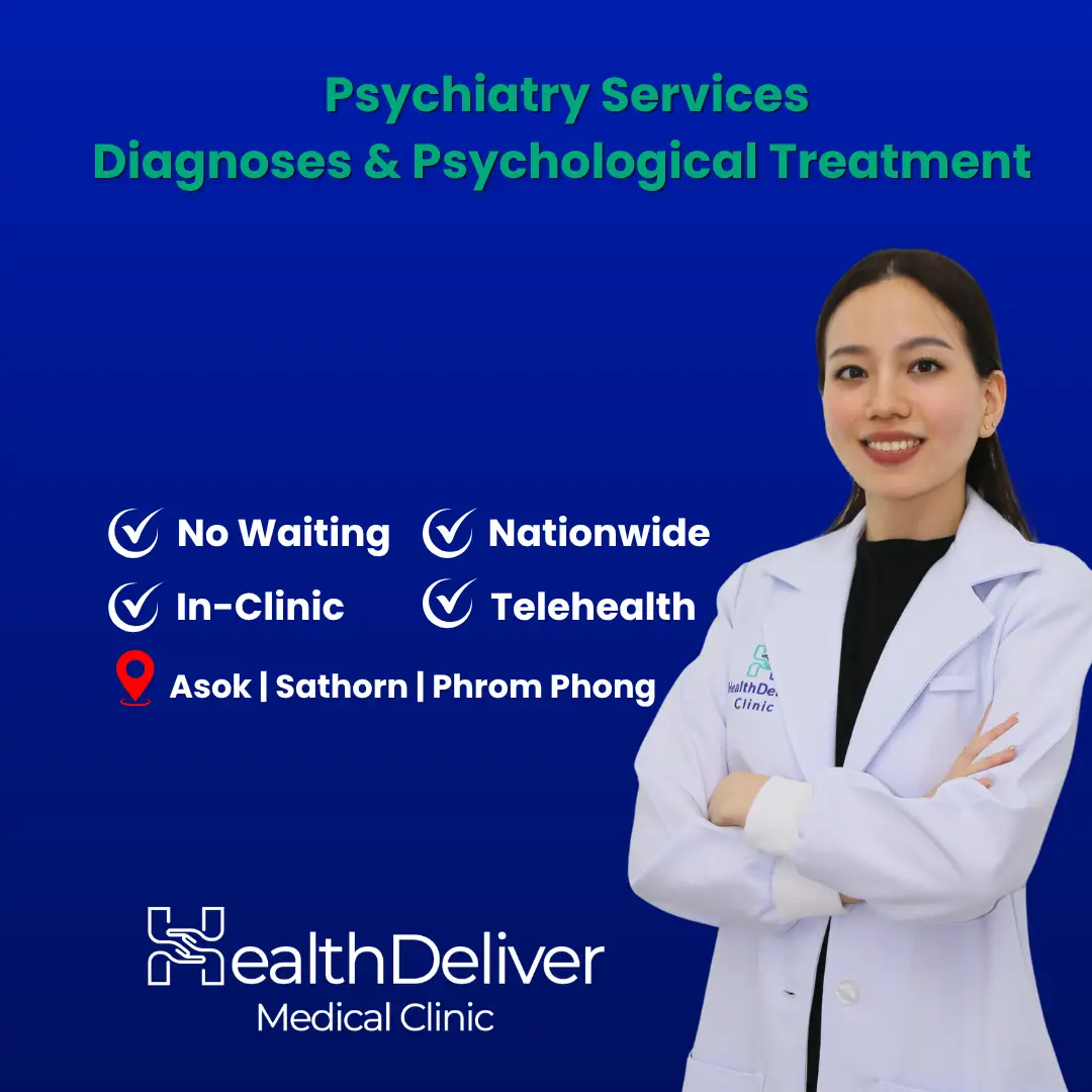 Female psychiatrist in white coat promoting Bangkok mental health services