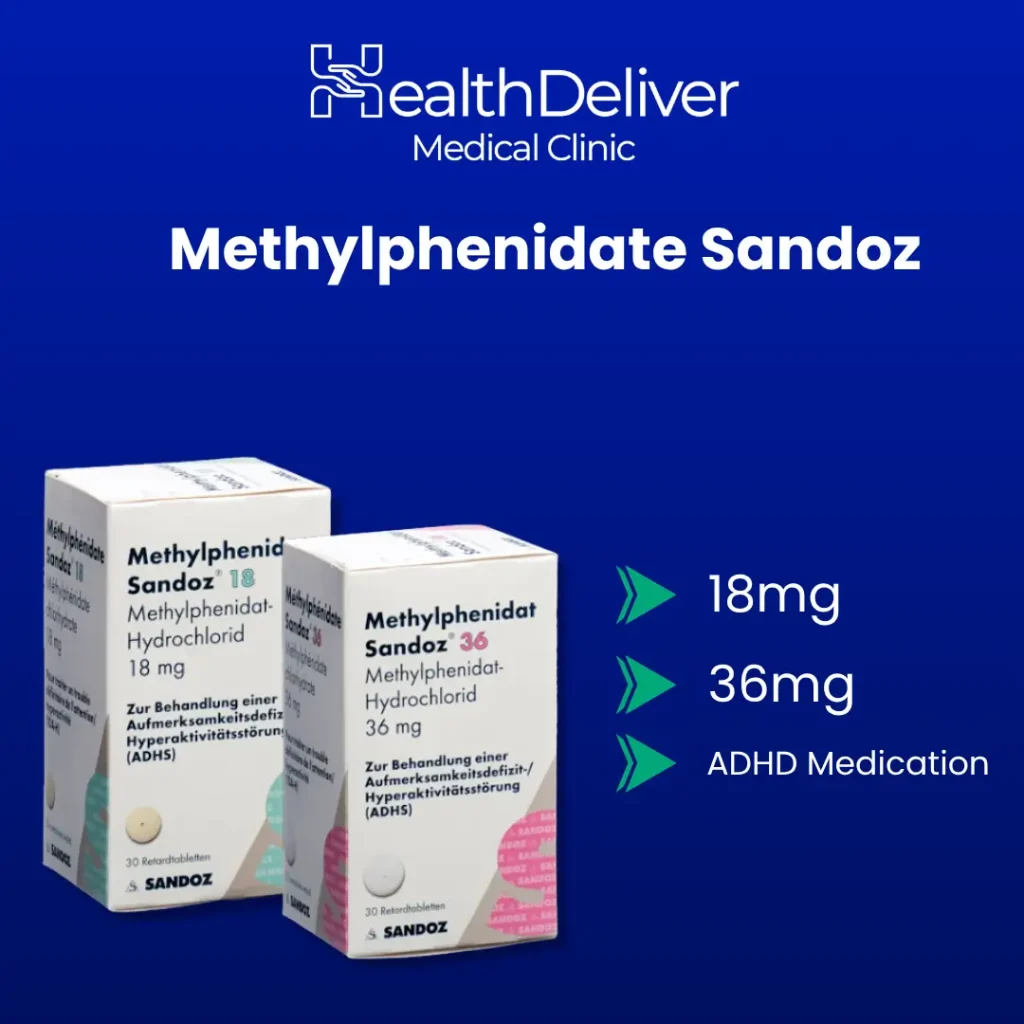 Methylphenidate Sandoz ADHD medication 18mg 36mg boxes display