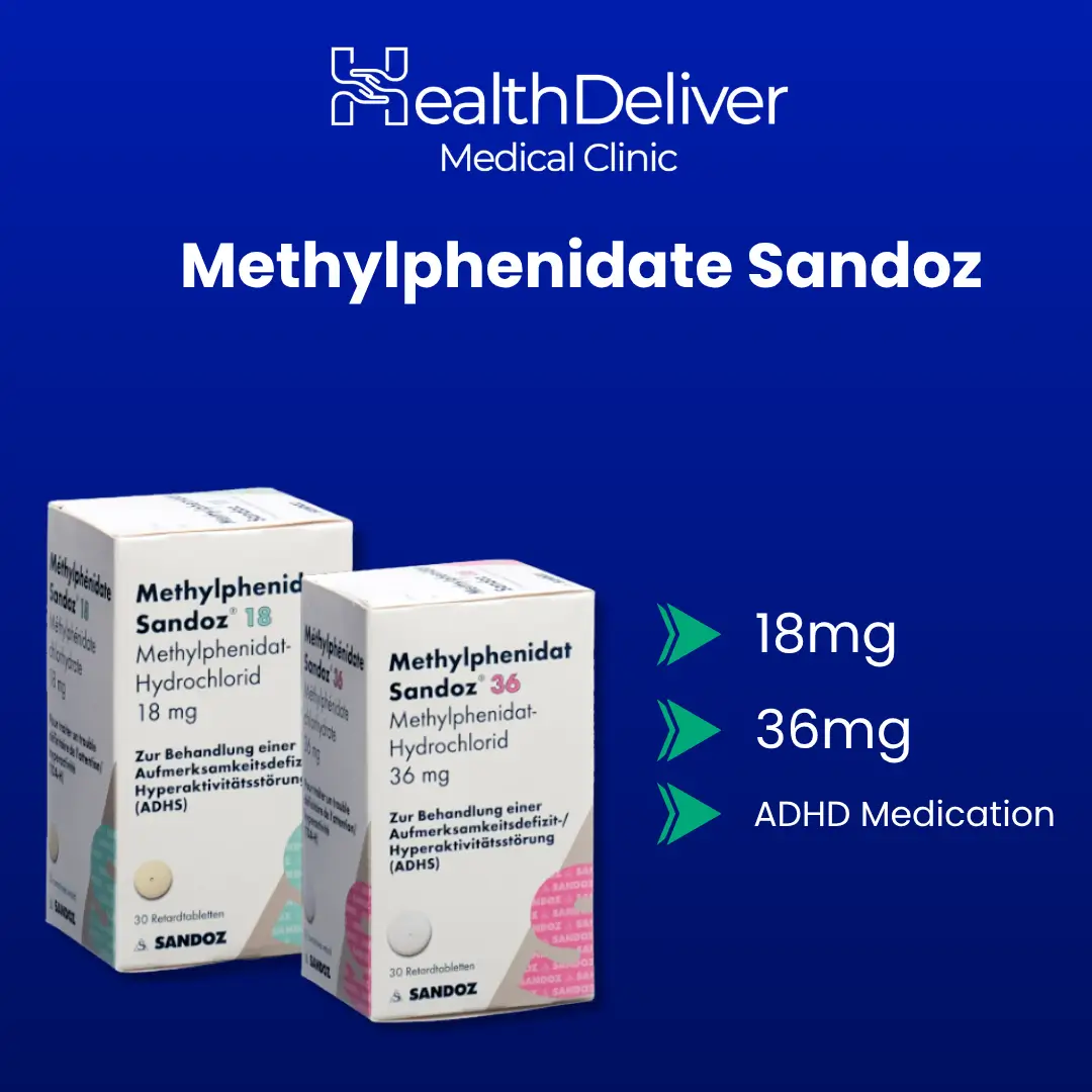 Methylphenidate Sandoz ADHD medication 18mg 36mg boxes display